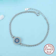 Load image into Gallery viewer, Circular Blue Stones Evil Eye Double Silver Chain Bracelet - Bracelet