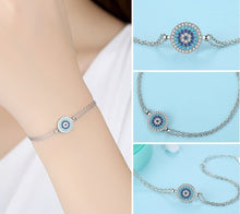 Load image into Gallery viewer, Circular Blue Stones Evil Eye Double Silver Chain Bracelet - Bracelet