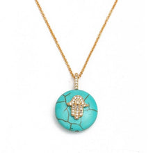 Load image into Gallery viewer, Circular Turquoise Stone Hamsa Hand Shape Evil Eye Pendant Necklace - Jewellery