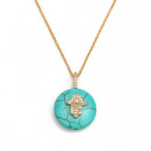 Load image into Gallery viewer, Circular Turquoise Stone Hamsa Hand Shape Evil Eye Pendant Necklace - Jewellery