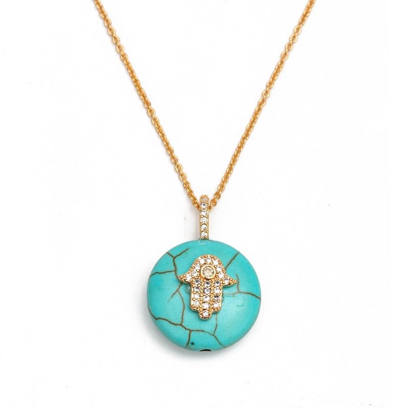 Circular Turquoise Stone Hamsa Hand Shape Evil Eye Pendant Necklace