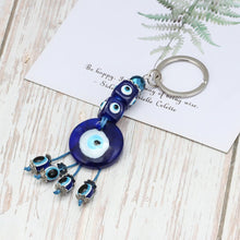 Load image into Gallery viewer, Deep Blue Evil Eye Keychains - 10 Designs - KeychainBlue Evil Eye with Four Hanging BeadsBlue