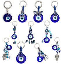 Load image into Gallery viewer, Deep Blue Evil Eye Keychains - 10 Designs - KeychainEvil Eye with One Hanging BeadBlue