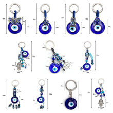 Load image into Gallery viewer, Deep Blue Evil Eye Keychains - 10 Designs - KeychainEvil Eye with One Hanging BeadBlue