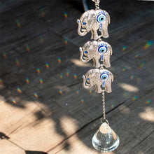 Load image into Gallery viewer, Elephants with Evil Eyes Wall Hanging with Single Large Suncatcher Crystal - Wall Hanging
