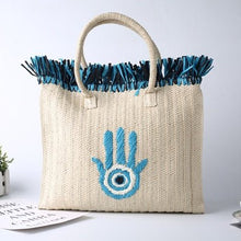 Load image into Gallery viewer, Embroidered Evil Eye and Hamsa Hand Tassel Weave Natural Straw Handbags - HandbagHamsa Hand