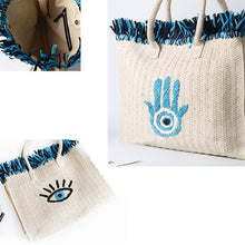 Load image into Gallery viewer, Embroidered Evil Eye and Hamsa Hand Tassel Weave Natural Straw Handbags - HandbagHamsa Hand