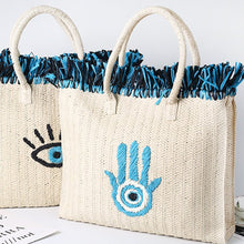Load image into Gallery viewer, Embroidered Evil Eye and Hamsa Hand Tassel Weave Natural Straw Handbags - HandbagHamsa Hand