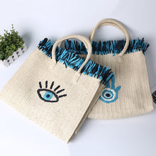 Load image into Gallery viewer, Embroidered Evil Eye and Hamsa Hand Tassel Weave Natural Straw Handbags - HandbagHamsa Hand
