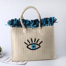 Load image into Gallery viewer, Embroidered Evil Eye and Hamsa Hand Tassel Weave Natural Straw Handbags - HandbagEvil Eye
