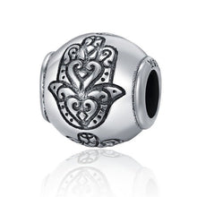 Load image into Gallery viewer, Engraved Spherical Hamsa Hand Silver Charm Bead - Charm Bead