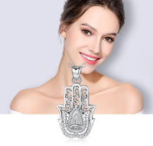 Load image into Gallery viewer, Evil Eye and Lotus Flower Engraved Hamsa Hand Silver Pendant and Necklace - NecklacePendant and Chain