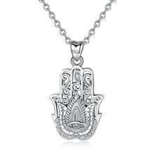 Load image into Gallery viewer, Evil Eye and Lotus Flower Engraved Hamsa Hand Silver Pendant and Necklace - NecklacePendant and Chain