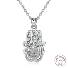 Load image into Gallery viewer, Evil Eye and Lotus Flower Engraved Hamsa Hand Silver Pendant and Necklace - NecklaceOnly Pendant