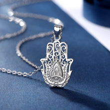 Load image into Gallery viewer, Evil Eye and Lotus Flower Engraved Hamsa Hand Silver Pendant and Necklace - NecklacePendant and Chain
