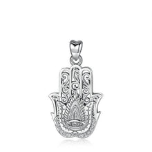 Load image into Gallery viewer, Evil Eye and Lotus Flower Engraved Hamsa Hand Silver Pendant and Necklace - NecklaceOnly Pendant