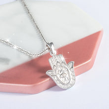 Load image into Gallery viewer, Evil Eye and Tree of Life Engraved Hamsa Hand Silver Pendant and Necklace - NecklacePendant and Chain
