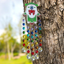 Load image into Gallery viewer, Evil Eye, Hamsa Hand and Lotus Flower Wall Hanging with Suncatcher Crystals - Wall Hanging