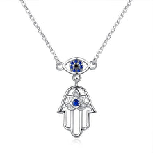 Load image into Gallery viewer, Evil Eye, Hamsa Hand, and Lotus Symbol Silver Necklace - Necklace