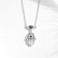 Load image into Gallery viewer, Evil Eye, Hamsa Hand, and Lotus Symbol Silver Necklace - Necklace