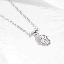 Load image into Gallery viewer, Evil Eye, Hamsa Hand, and Lotus Symbol Silver Necklace - Necklace