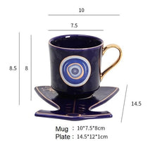 Load image into Gallery viewer, Evil Eye, Hamsa Hand and Mermaid's Tail themed Cup and Saucer Sets - Cup and Saucer SetDark BlueCircular DesignMermaid's Tail