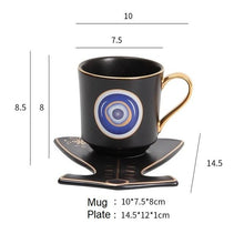Load image into Gallery viewer, Evil Eye, Hamsa Hand and Mermaid's Tail themed Cup and Saucer Sets - Cup and Saucer SetBlackCircular DesignMermaid's Tail