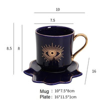 Load image into Gallery viewer, Evil Eye, Hamsa Hand and Mermaid's Tail themed Cup and Saucer Sets - Cup and Saucer SetDark BlueEye DesignHamsa Hand