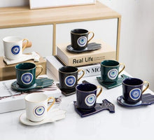 Load image into Gallery viewer, Evil Eye, Hamsa Hand and Mermaid's Tail themed Cup and Saucer Sets - Cup and Saucer SetWhiteCircular DesignHamsa Hand