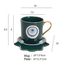 Load image into Gallery viewer, Evil Eye, Hamsa Hand and Mermaid's Tail themed Cup and Saucer Sets - Cup and Saucer SetGreenCircular DesignHamsa Hand