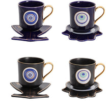 Load image into Gallery viewer, Evil Eye, Hamsa Hand and Mermaid's Tail themed Cup and Saucer Sets - Cup and Saucer SetWhiteCircular DesignHamsa Hand