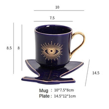 Load image into Gallery viewer, Evil Eye, Hamsa Hand and Mermaid's Tail themed Cup and Saucer Sets - Cup and Saucer SetDark BlueEye DesignMermaid's Tail