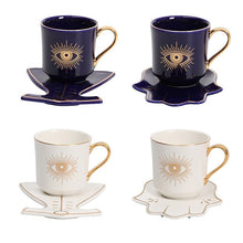 Load image into Gallery viewer, Evil Eye, Hamsa Hand and Mermaid's Tail themed Cup and Saucer Sets - Cup and Saucer SetWhiteCircular DesignHamsa Hand