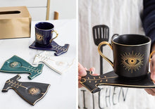 Load image into Gallery viewer, Evil Eye, Hamsa Hand and Mermaid's Tail themed Cup and Saucer Sets - Cup and Saucer SetWhiteCircular DesignHamsa Hand
