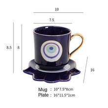 Load image into Gallery viewer, Evil Eye, Hamsa Hand and Mermaid's Tail themed Cup and Saucer Sets - Cup and Saucer SetDark BlueCircular DesignHamsa Hand
