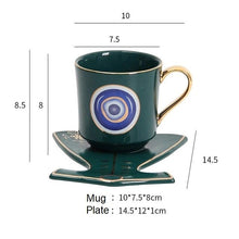 Load image into Gallery viewer, Evil Eye, Hamsa Hand and Mermaid's Tail themed Cup and Saucer Sets - Cup and Saucer SetGreenCircular DesignMermaid's Tail