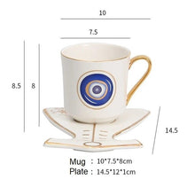 Load image into Gallery viewer, Evil Eye, Hamsa Hand and Mermaid's Tail themed Cup and Saucer Sets - Cup and Saucer SetWhiteCircular DesignMermaid's Tail