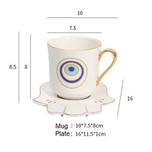 Load image into Gallery viewer, Evil Eye, Hamsa Hand and Mermaid's Tail themed Cup and Saucer Sets - Cup and Saucer SetWhiteCircular DesignHamsa Hand