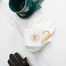 Load image into Gallery viewer, Evil Eye, Hamsa Hand and Mermaid's Tail themed Cup and Saucer Sets - Cup and Saucer SetWhiteCircular DesignHamsa Hand