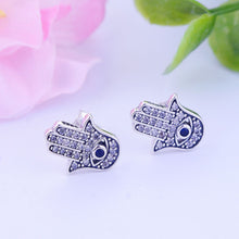 Load image into Gallery viewer, Evil Eye with Blue Hamsa Hand Silver Stud Earrings - Earrings