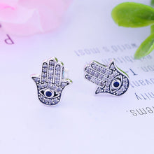 Load image into Gallery viewer, Evil Eye with Blue Hamsa Hand Silver Stud Earrings - Earrings
