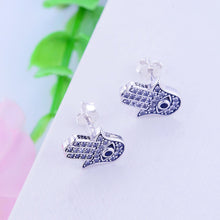 Load image into Gallery viewer, Evil Eye with Blue Hamsa Hand Silver Stud Earrings - Earrings