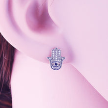 Load image into Gallery viewer, Evil Eye with Blue Hamsa Hand Silver Stud Earrings - Earrings