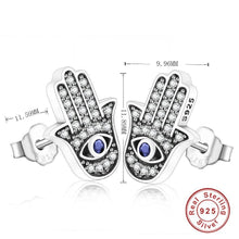 Load image into Gallery viewer, Evil Eye with Blue Hamsa Hand Silver Stud Earrings - Earrings