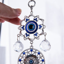 Load image into Gallery viewer, Evil Eye with Dual Hamsa Hands Wall Hanging with Suncatcher Crystals - Wall Hanging