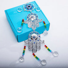 Load image into Gallery viewer, Evil Eye with Dual Hamsa Hands Wall Hanging with Suncatcher Crystals - Wall Hanging