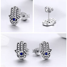 Load image into Gallery viewer, Evil Eye with Hamsa Hand Silver Stud Earrings - Earrings