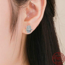 Load image into Gallery viewer, Evil Eye with Hamsa Hand Silver Stud Earrings - Earrings