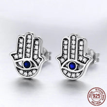 Load image into Gallery viewer, Evil Eye with Hamsa Hand Silver Stud Earrings - Earrings