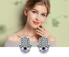Load image into Gallery viewer, Evil Eye with Hamsa Hand Silver Stud Earrings - Earrings